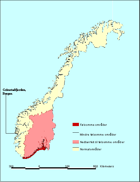 Karta över Norge som visar tre känslighetsområden med avseende på små avlopp