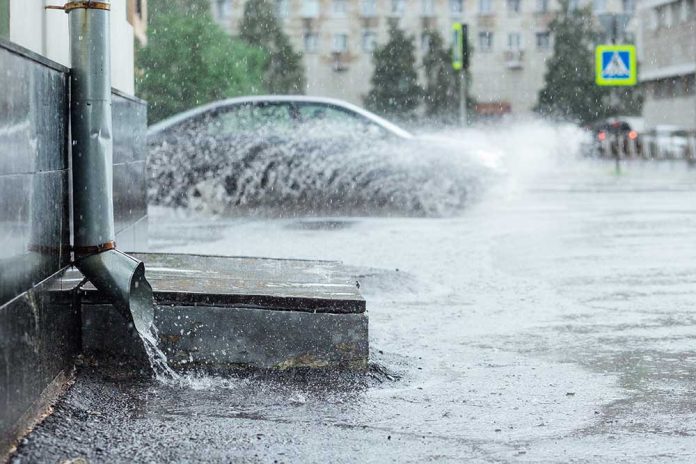 Regn rinner från ett stuprör under ett kraftigt regn. Bil kör genom en vattensamling i bakgrunden.