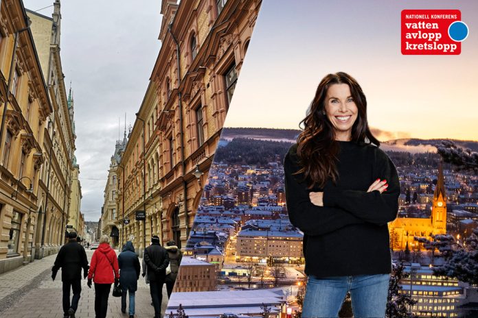 Infälld billd till höger med gatuvy från Sundsvall med fem personer som promenerar. Till höger i bilden en flygbild över Sundsvall i skymning och inklippt bild i förgrunden av skidskytt och föreläsare Magdalena Forsberg.