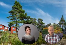 Foton på Åsa Gunnarsson från Havs- och vattenmyndigheten samt David Eveborn från SGU. I Bakgrunden röda hus på en klippig slutting, tallar och blå himmel.