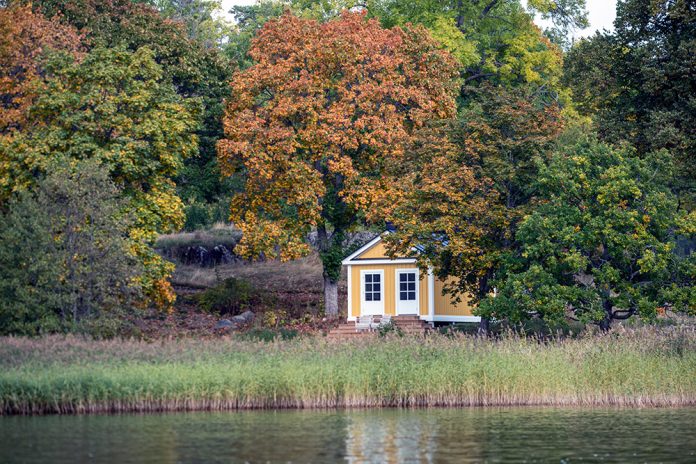 gult hus med vita knutar, omgivet av lövträd som börjar skifta i höstfärger. Längst fram mörkt vatten i en sjö och vass mellan sjön och huset.