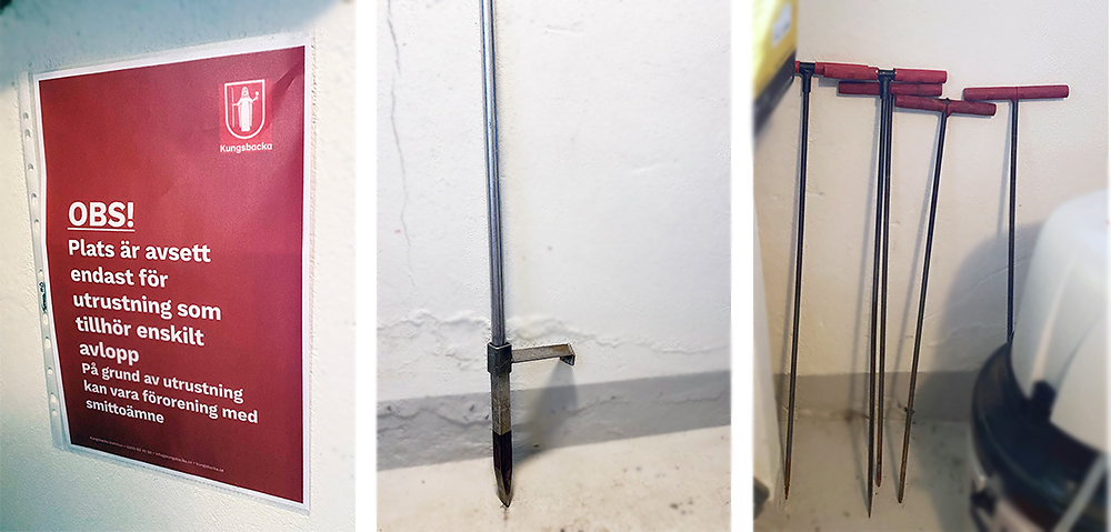 tre bilder: skylt som säger att endast små avloppsutrustning får förvaras här, mittenbilden: en metallstång med en liten stång ut åt höger, högra bilden metallstänger som ser ut som ett T med rött handtag överst på T:et.