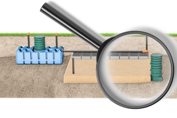 Schematisk teckning av FANN Indrän markbädd med ett förstoringsglas över.