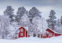 röda trähus med vita knutar. Snö och frost i de omgivande träden.