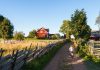 Ett barn cyklar på en grusväg som omges av gammaldags gärdesgårdar. Rött hus med vita knutar längre fram.