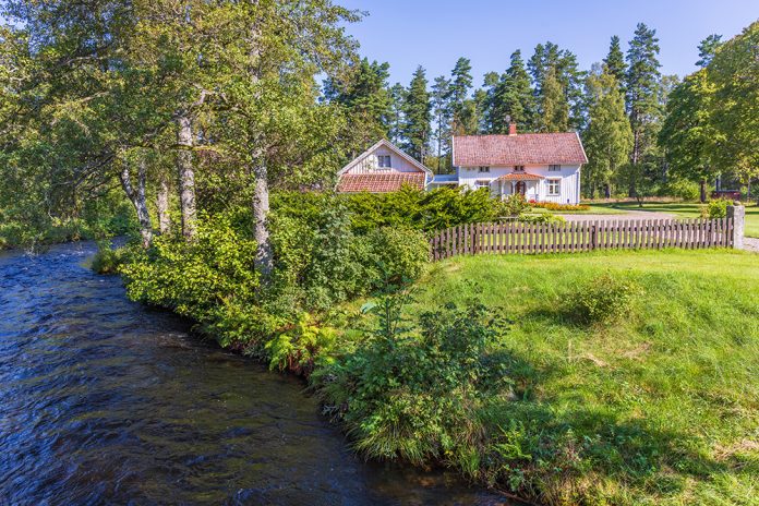 En å till vänster om ett vitt sött trähus.