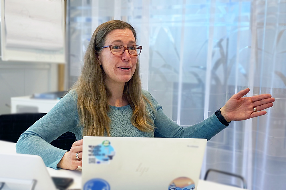 Kvinna vid laptop pratar och pekar.