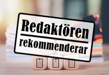 Skylt med texten redaktören rekommenderar. Tärningar och suddiga pappersmappar bakom.