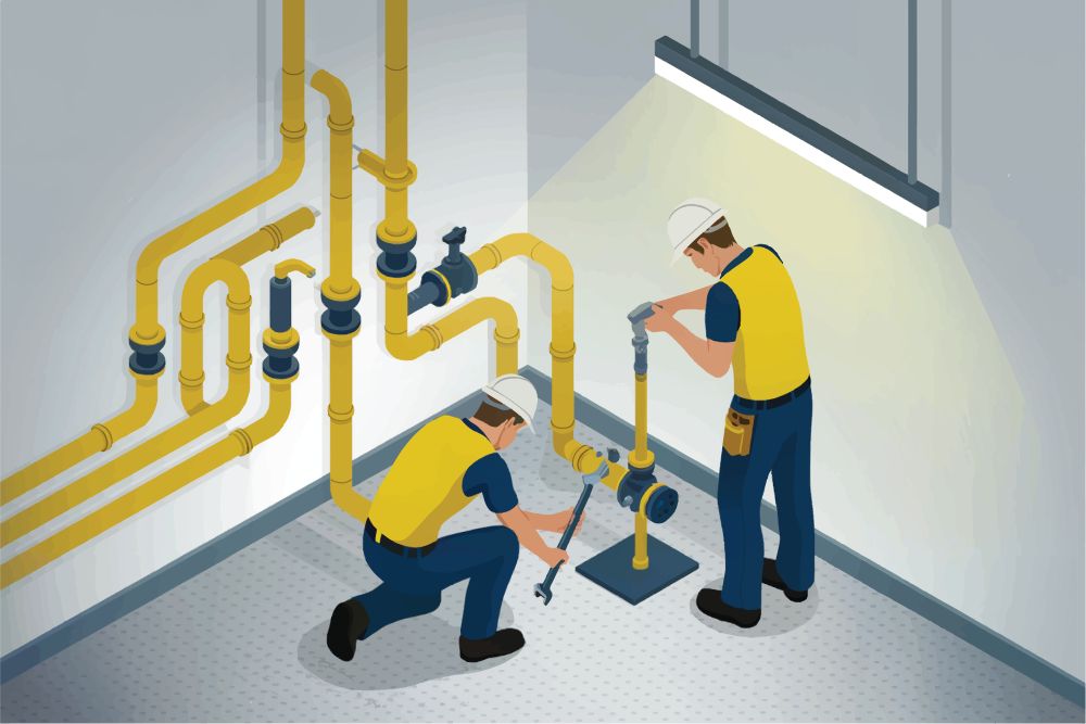 Tecknad bild av två tekniker med varselväst och hjälm arbetar med rör i ett rum.