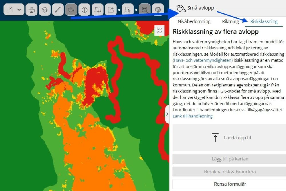 Sk&auml;rmklipp av GIS-st&ouml;dets kartvy och inforuta om riskklassning av sm&aring; avlopp.