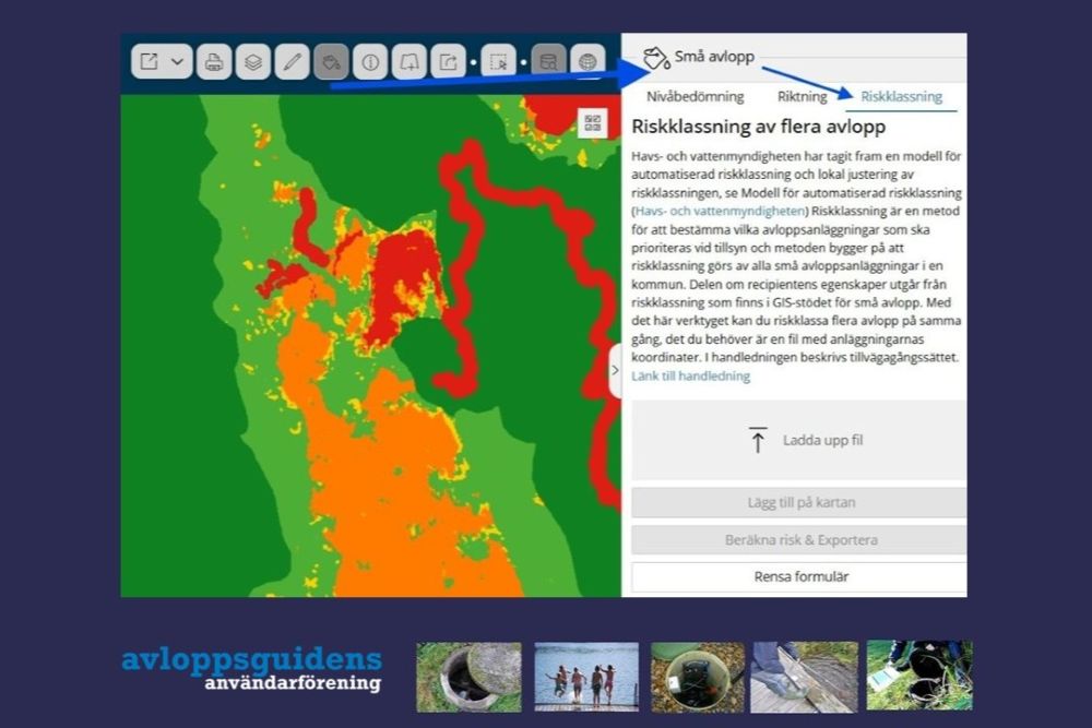 Sk&auml;rmklipp av GIS-st&ouml;det. Lila bakgrund med logotyp fr&aring;n Avloppsguidens anv&auml;ndarf&ouml;rening.