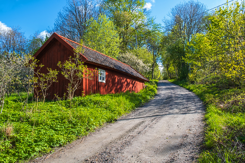 Röd lada vid grusväg på våren